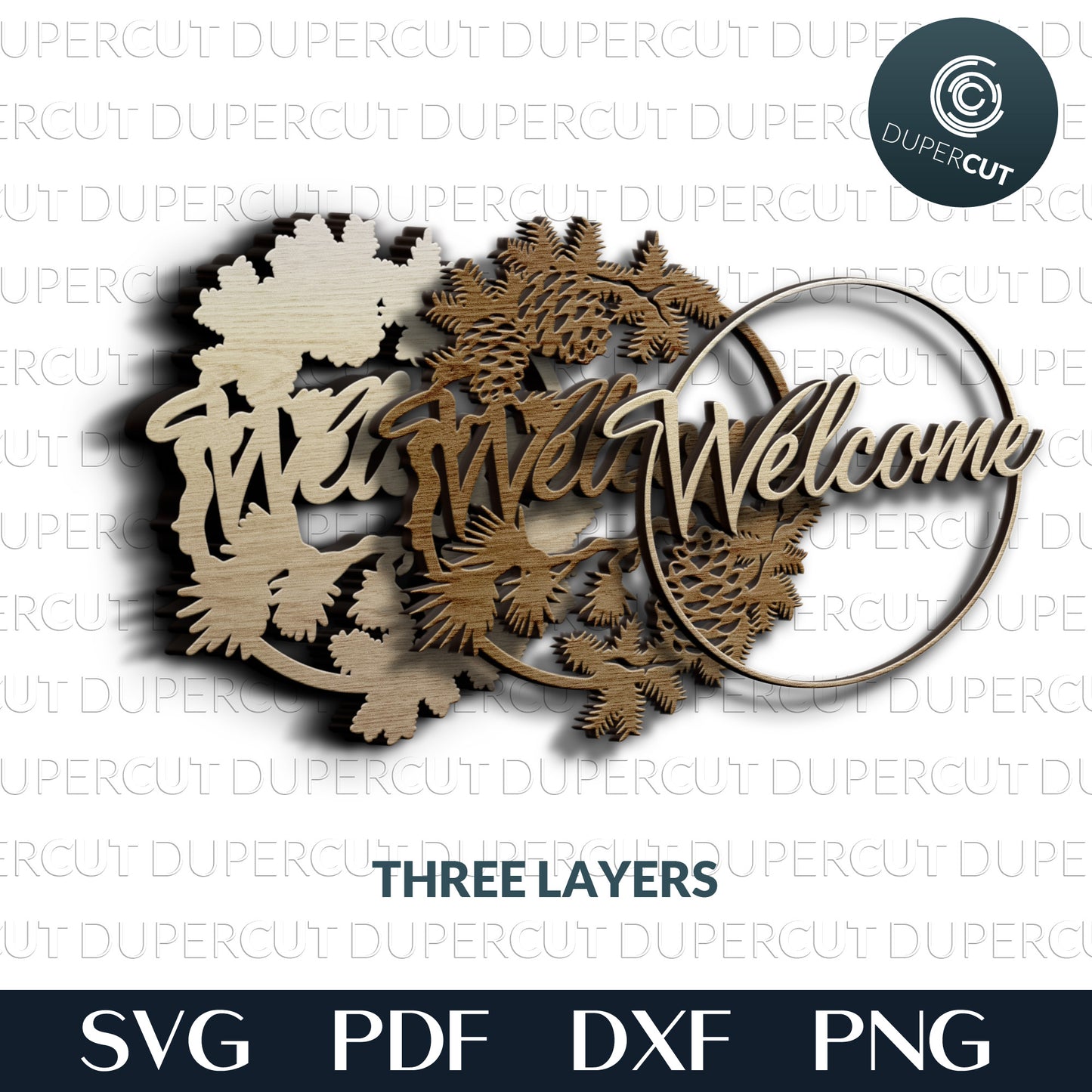 Pinecone welcome sign - layered laser cutting files SVG PDF DXF vector template for Glowforge, Cricut, Silhouette Cameo, CNC plasma machines