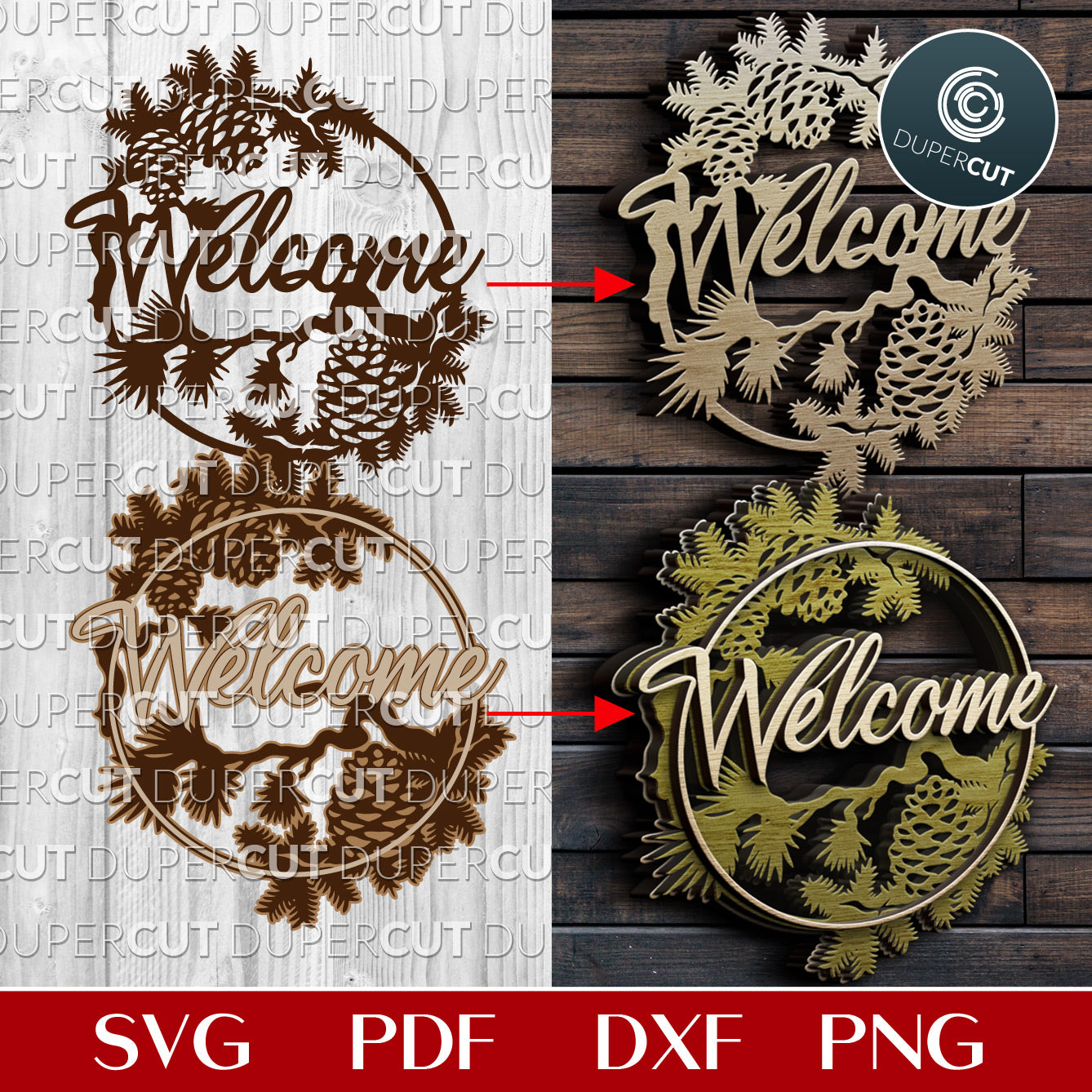 Pinecone welcome sign - layered laser cutting files SVG PDF DXF vector template for Glowforge, Cricut, Silhouette Cameo, CNC plasma machines