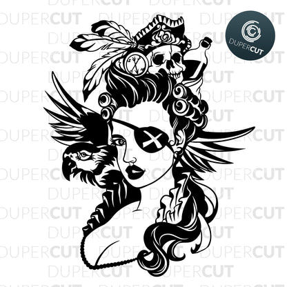 Pirate girl, paper cutting template, black line drawing - SVG DXF JPEG files for CNC machines, laser cutting, Cricut, Silhouette Cameo, Glowforge engraving