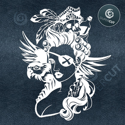 Pirate girl with parrot and skull, vinyl template - SVG DXF JPEG files for CNC machines, laser cutting, Cricut, Silhouette Cameo, Glowforge engraving