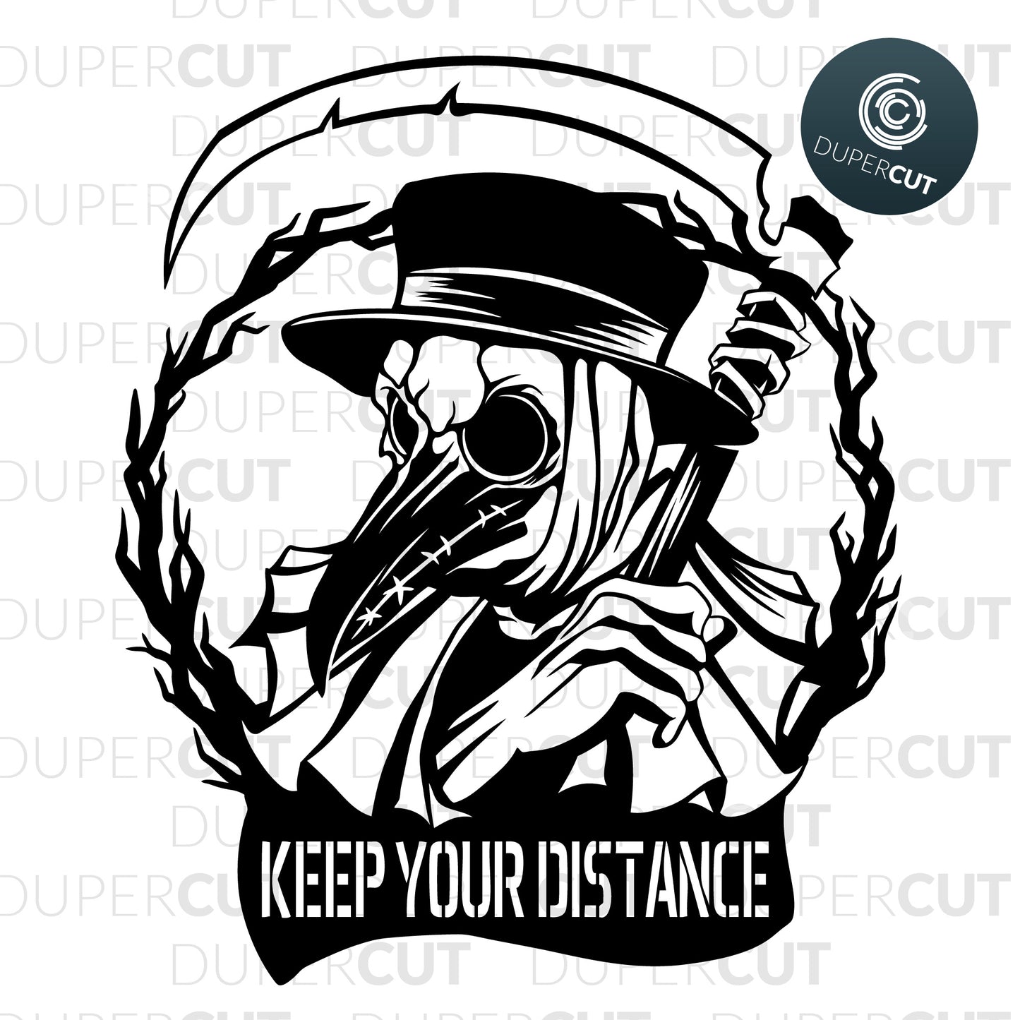 Keep your distance, covid-19 custom sign, plague doctor  - SVG DXF JPEG files for CNC machines, laser cutting, Cricut, Silhouette Cameo, Glowforge engraving