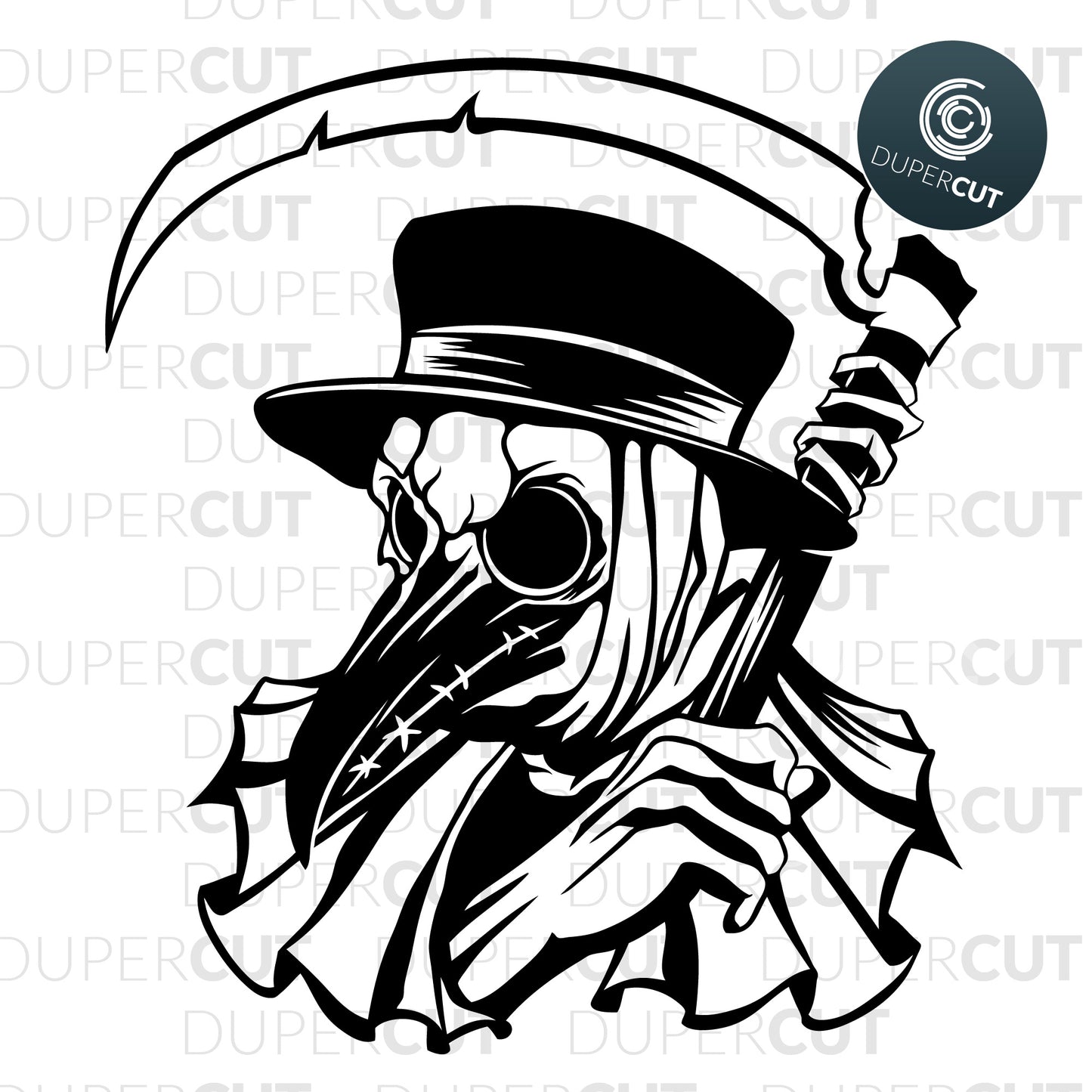 Plague doctor with scythe, tattoo style illustration art  - SVG DXF JPEG files for CNC machines, laser cutting, Cricut, Silhouette Cameo, Glowforge engraving