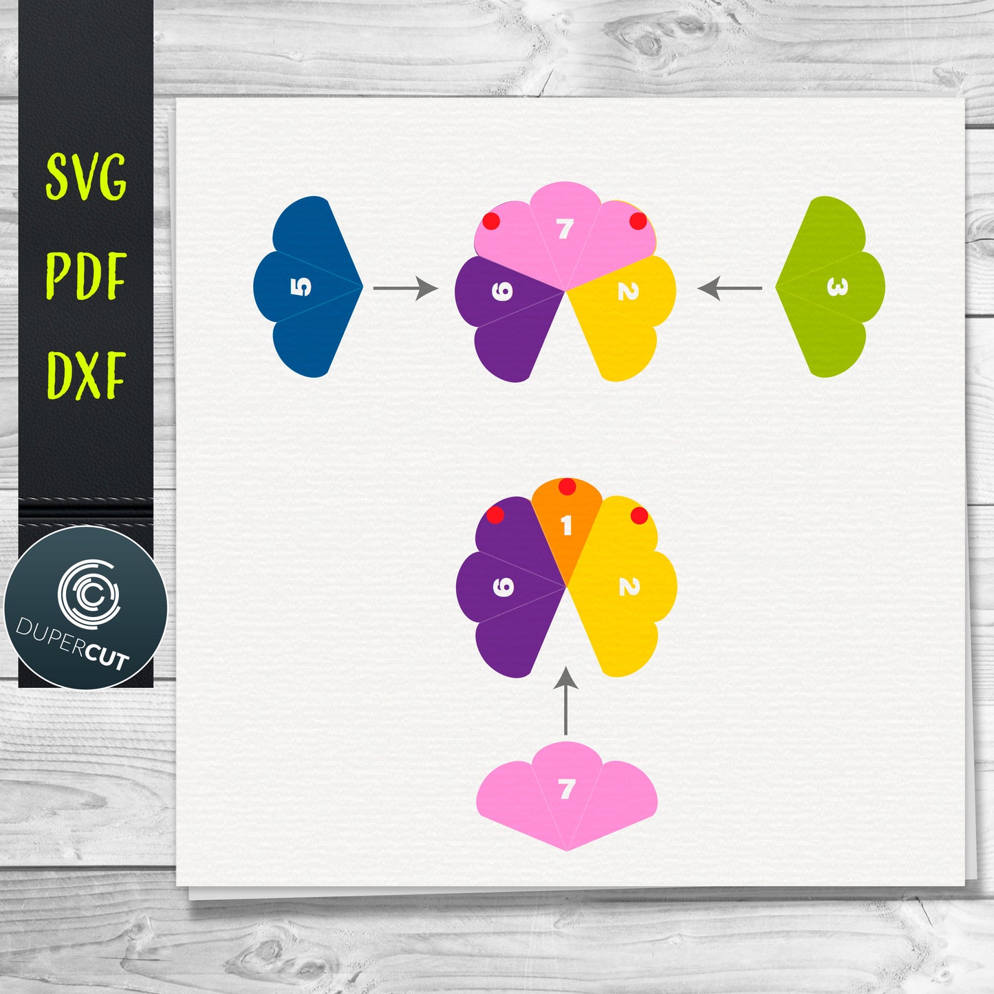 DIY flower pop-up card diagram by DuperCut. SVG DXF files with instructions.