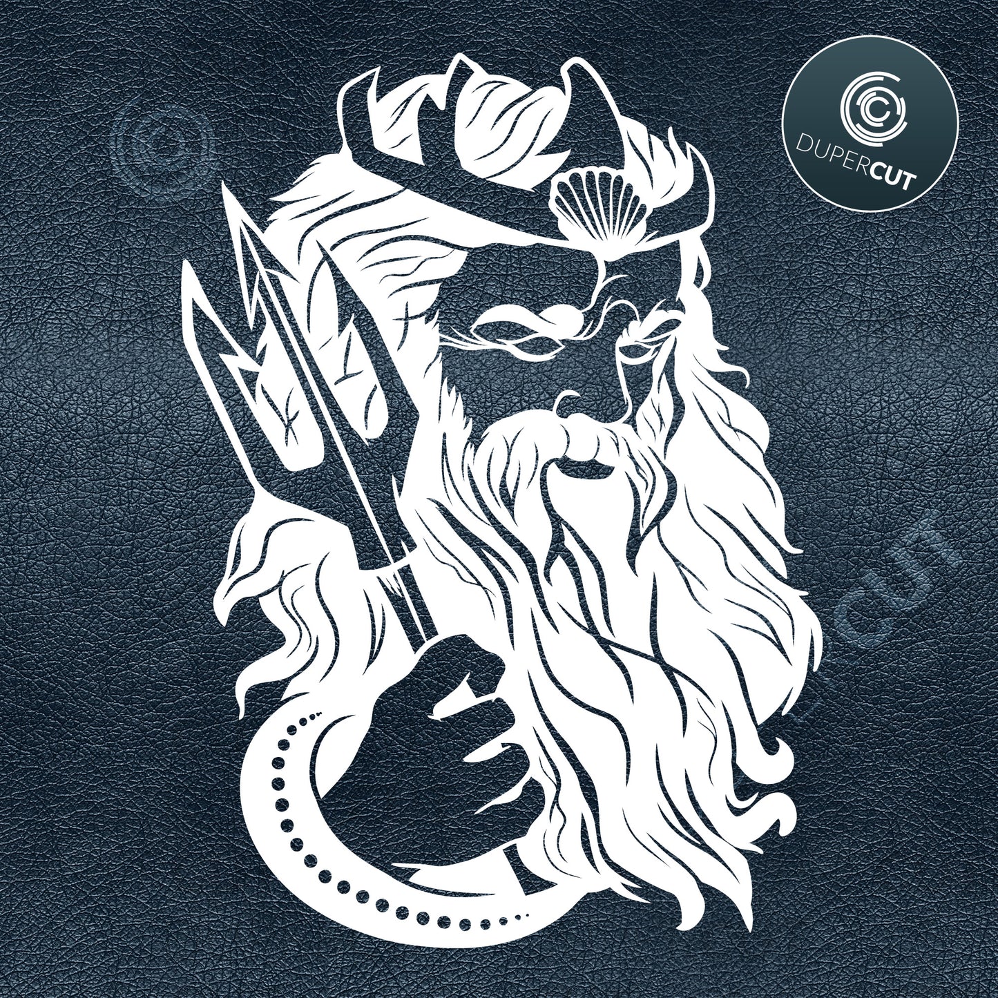 Poseidon/Neptune god illustration. SVG JPEG DXF files. Template for paper cutting, laser, print on demand. For use with Cricut, Glowforge, Silhouette Cameo, CNC machines. Personal or commercial license.