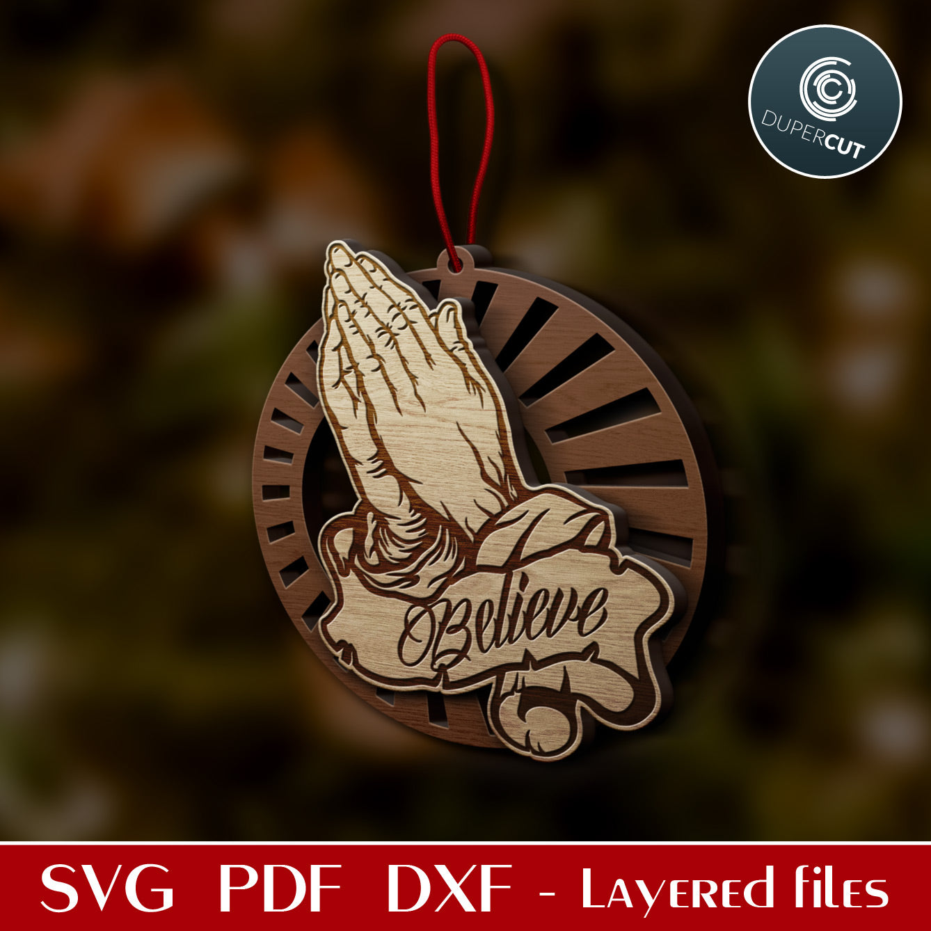 Praying hands Christmas ornaments - layered SVG DXF files for laser cutting and engraving. Glowforge, Cricut, Silhouette, CNC plasma machines.