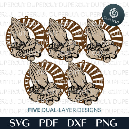 Five design bundle - Praying hands Christmas ornaments - layered SVG DXF files for laser cutting and engraving. Glowforge, Cricut, Silhouette, CNC plasma machines.