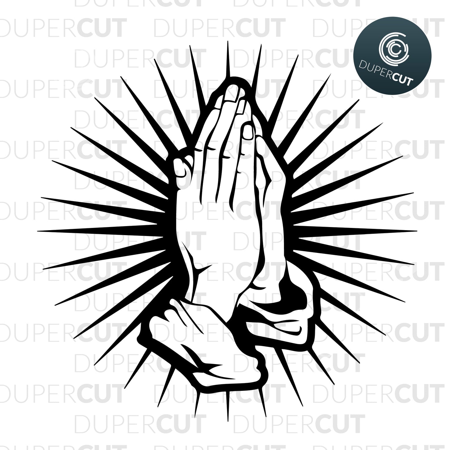 Praying hands with starburst silhouette, religious design.. SVG PNG DXF cutting files for Cricut, Silhouette, Glowforge, print on demand, sublimation templates