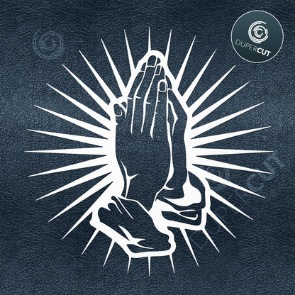 Praying hands silhouette, starburst. SVG PNG DXF cutting files for Cricut, Silhouette, Glowforge, print on demand, sublimation templates
