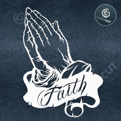 Praying hands with scroll, faith. SVG PNG DXF cutting files for Cricut, Silhouette, Glowforge, print on demand, sublimation templates