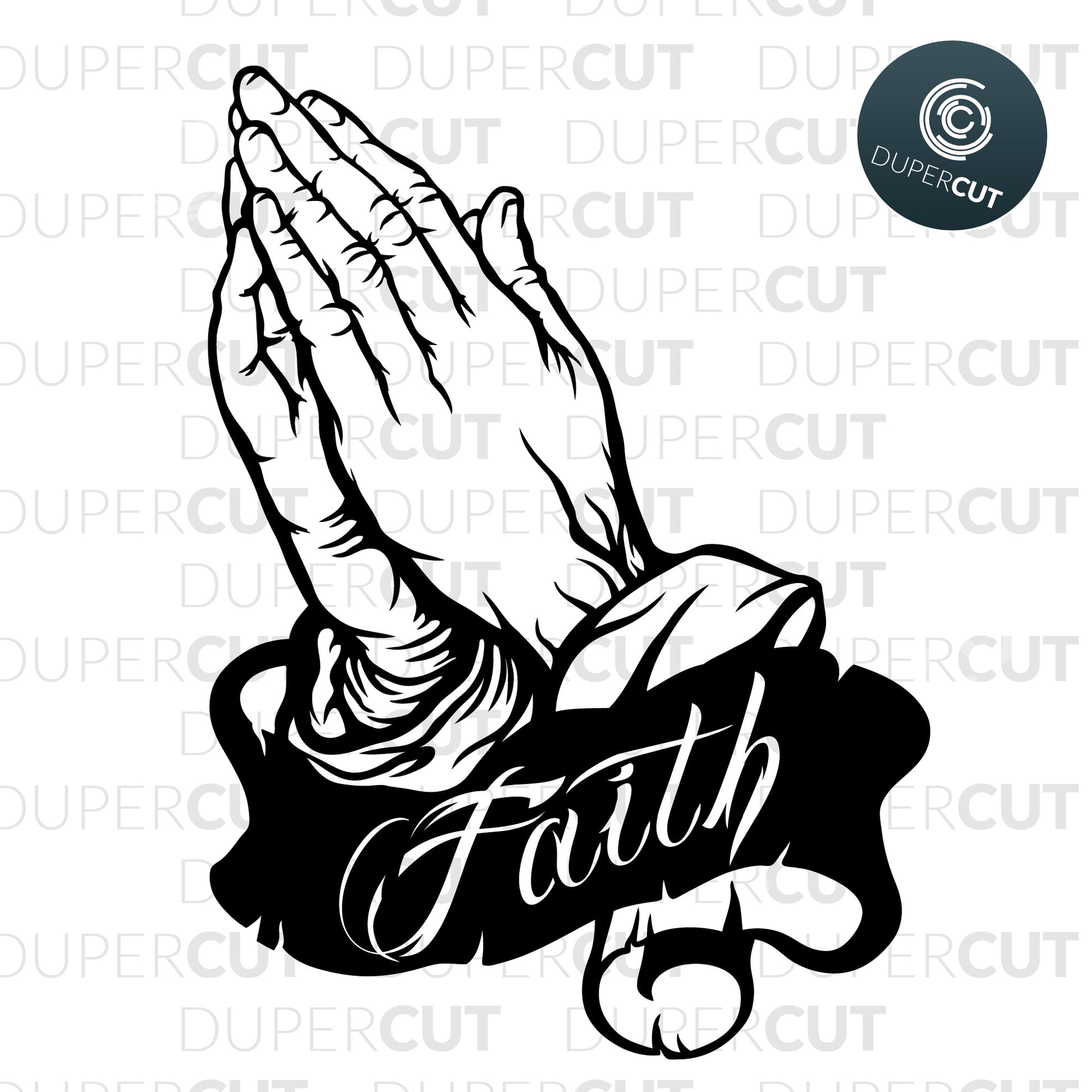 Praying hands silhouette with word Faith. SVG PNG DXF cutting files for Cricut, Silhouette, Glowforge, print on demand, sublimation templates
