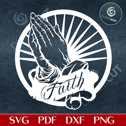 Praying hands in circle with starburst - SVG DXF PNG files for Cricut, Glowforge, Silhouette Cameo, CNC Machines