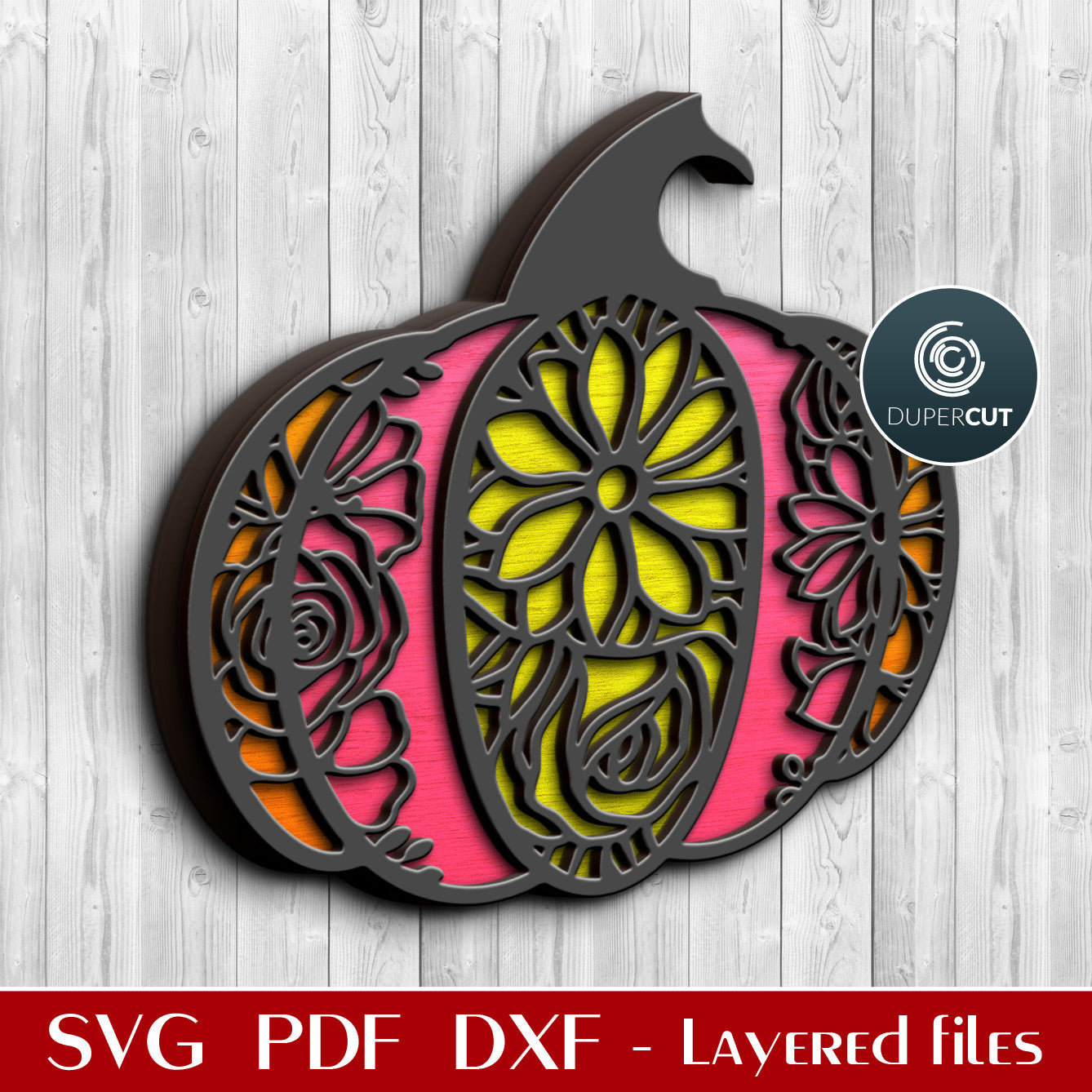 Floral pumpkin SVG PNG DXF layered cutting files for Glowforge, Cricut, Silhouette, laser CNC machines by DuperCut 