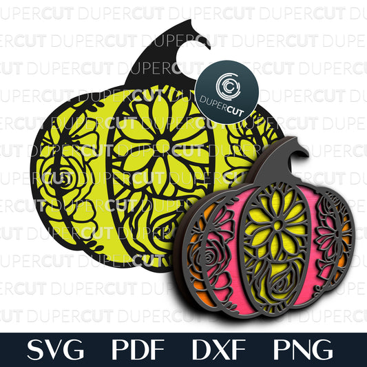 Floral pumpkin SVG PNG DXF layered cutting files for Glowforge, Cricut, Silhouette, laser CNC machines by DuperCut 