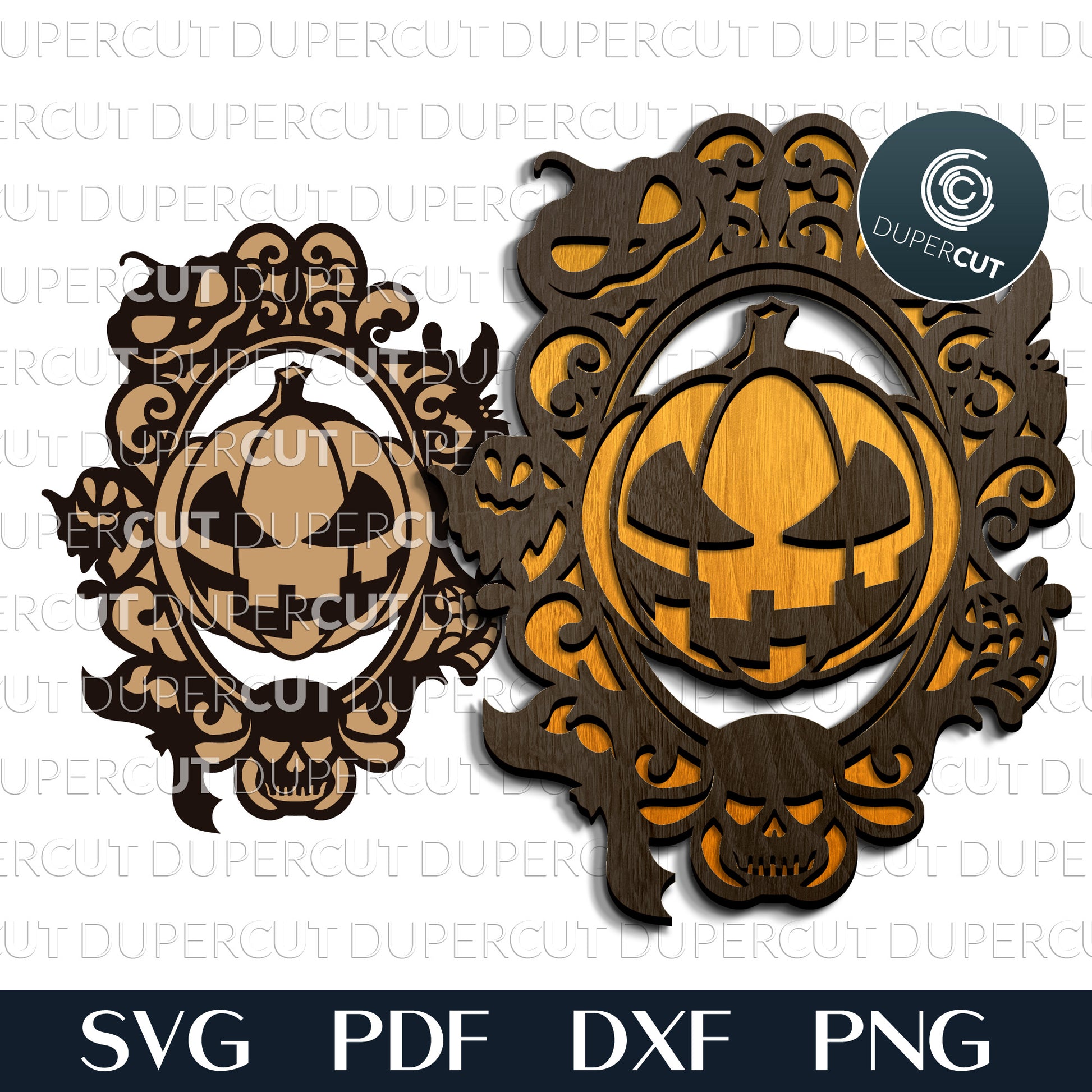 Halloween pumpkin frame - SVG DXF PNG layered cutting files for Glowforge, Cricut, Silhouette Cameo, CNC plasma laser machines by DuperCut