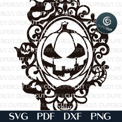 Evil Halloween pumpkin scary frame, holiday door hanger - SVG DXF PNG cutting files for Glowforge, Cricut, Silhouette Cameo, CNC plasma laser machines by DuperCut