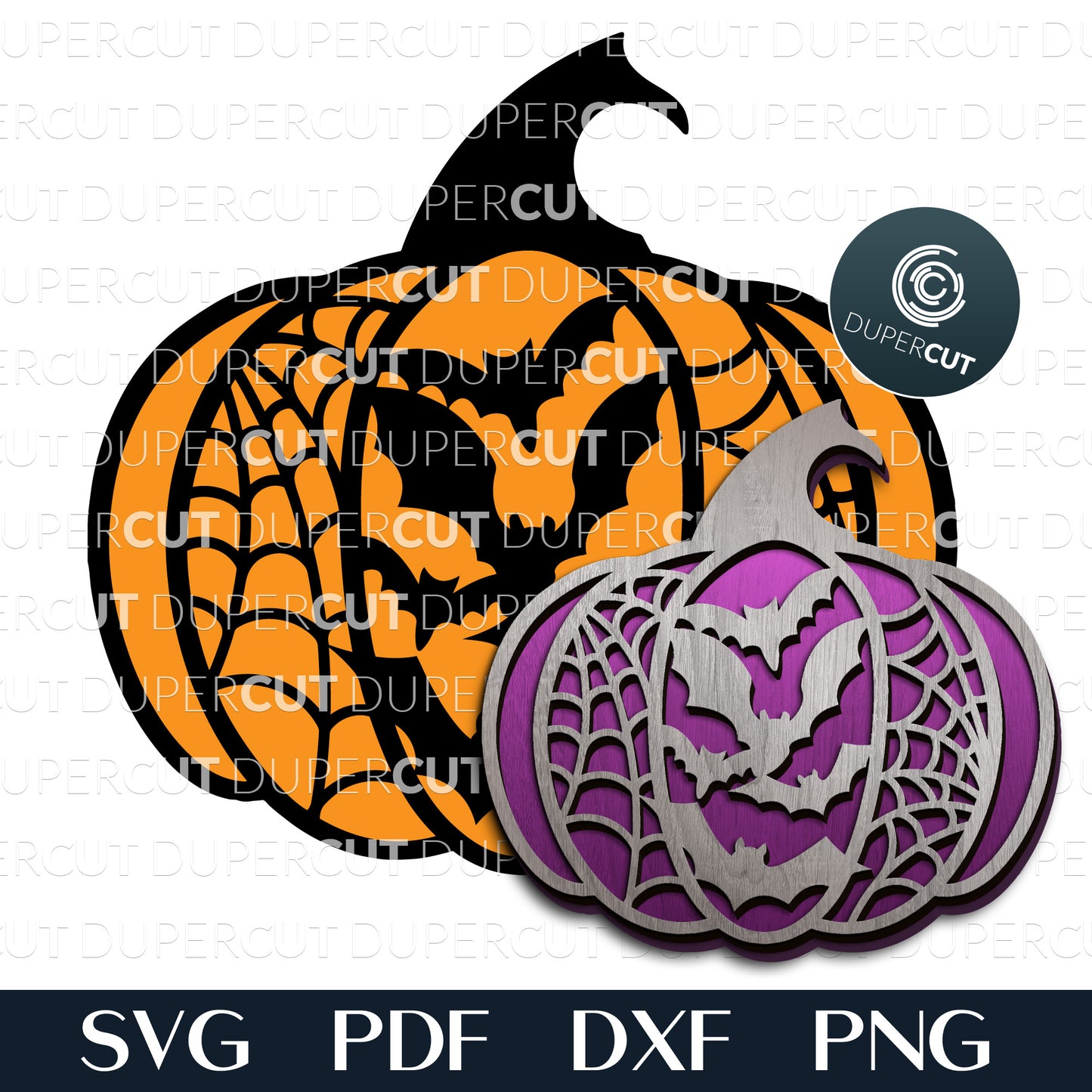 Halloween pumpkin with bats and spider web - SVG PNG DXF layered cutting files for Glowforge, Cricut, Silhouette, laser CNC plasma machines