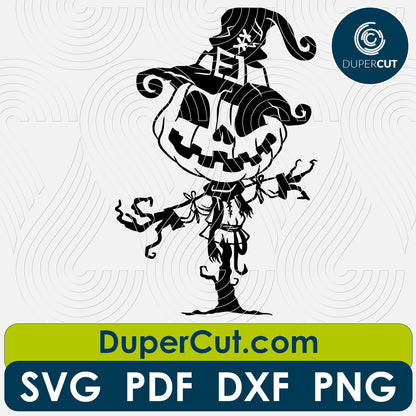Halloween pumpkin scarecrow, line drawing illustration. SVG PNG DXF cutting files for Cricut, Silhouette, Glowforge, print on demand, sublimation templates