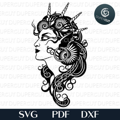 Queen of the sea, girl with seashells in hair, line art illustration. SVG PNG DXF cutting files for Cricut, Silhouette, Glowforge, print on demand, sublimation templates