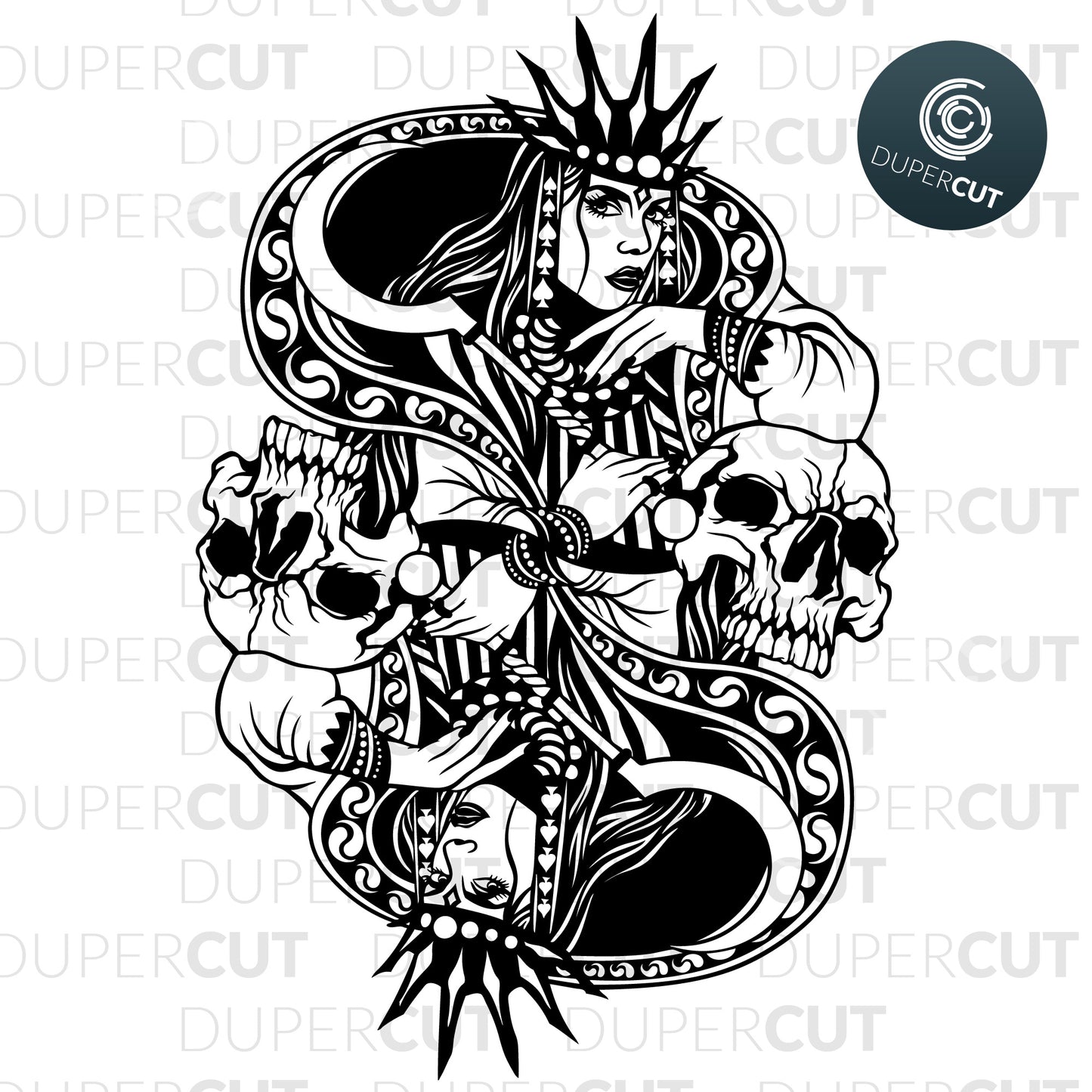 Queen of spades, playing cards black gothic art. SVG PNG DXF cutting files for Cricut, Silhouette, Glowforge, print on demand, sublimation templates