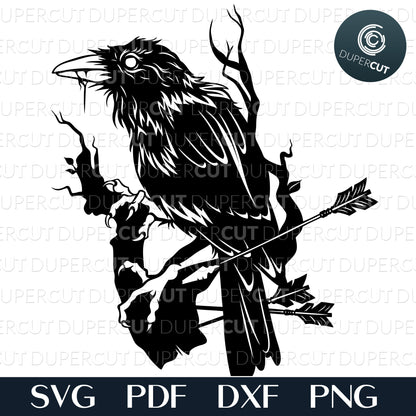 Laser files - Black crow on a branch, steampunk tattoo. SVG PNG DXF cutting files for Cricut, Glowforge, Silhouette cameo, laser engraving