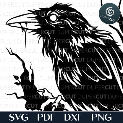 Black raven line art drawing, gothic tattoo illustration. SVG PNG DXF cutting files for Cricut, Glowforge, Silhouette cameo, laser engraving