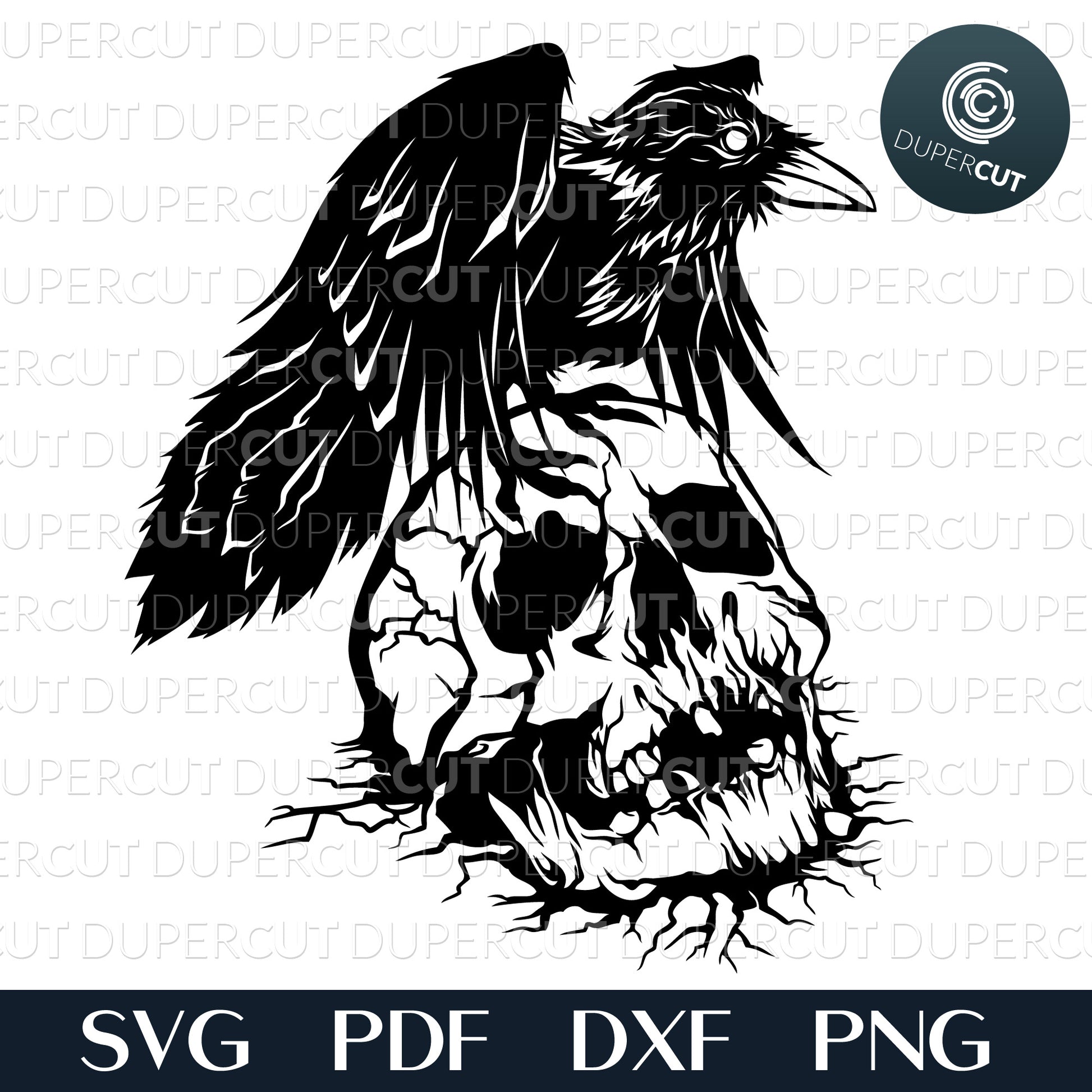Raven with Skull, Paper Cutting Template, steampunk skull SVG PNG DXF cutting files for Cricut, Glowforge, Silhouette cameo, laser engraving