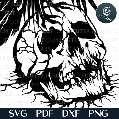 Gothic tattoo style line art crow with skull, Paper Cutting Template, steampunk skull SVG PNG DXF cutting files for Cricut, Glowforge, Silhouette cameo, laser engraving