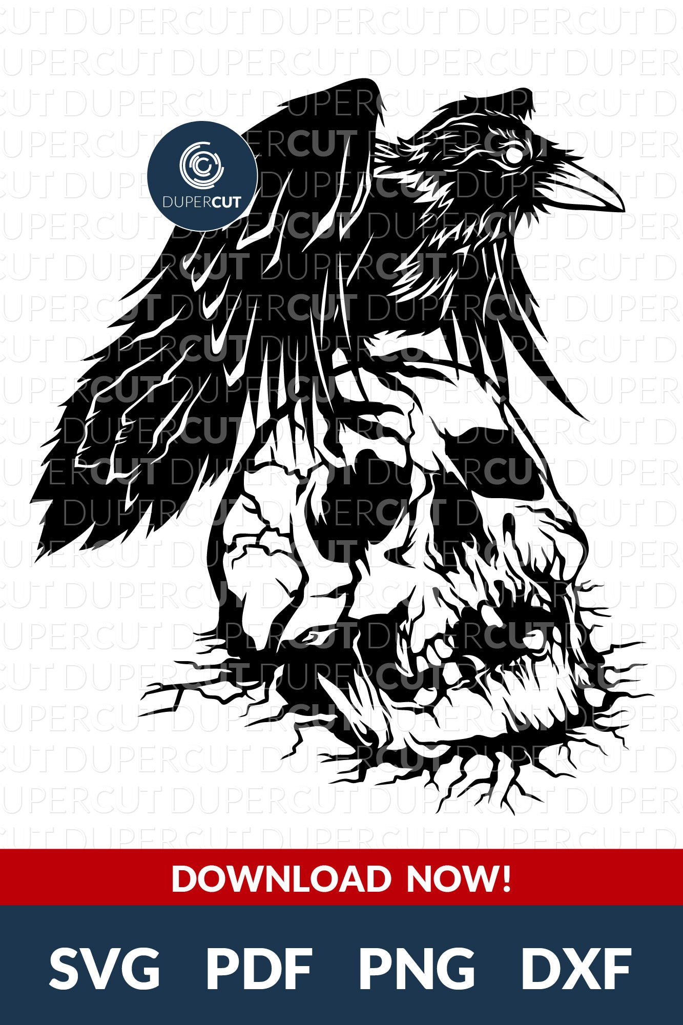 Raven with Skull, Paper Cutting Template, steampunk tattoo skull SVG PNG DXF cutting files for Cricut, Glowforge, Silhouette cameo, laser engraving