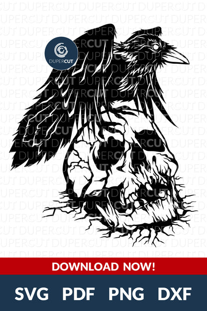 Raven with Skull, Paper Cutting Template, steampunk tattoo skull SVG PNG DXF cutting files for Cricut, Glowforge, Silhouette cameo, laser engraving
