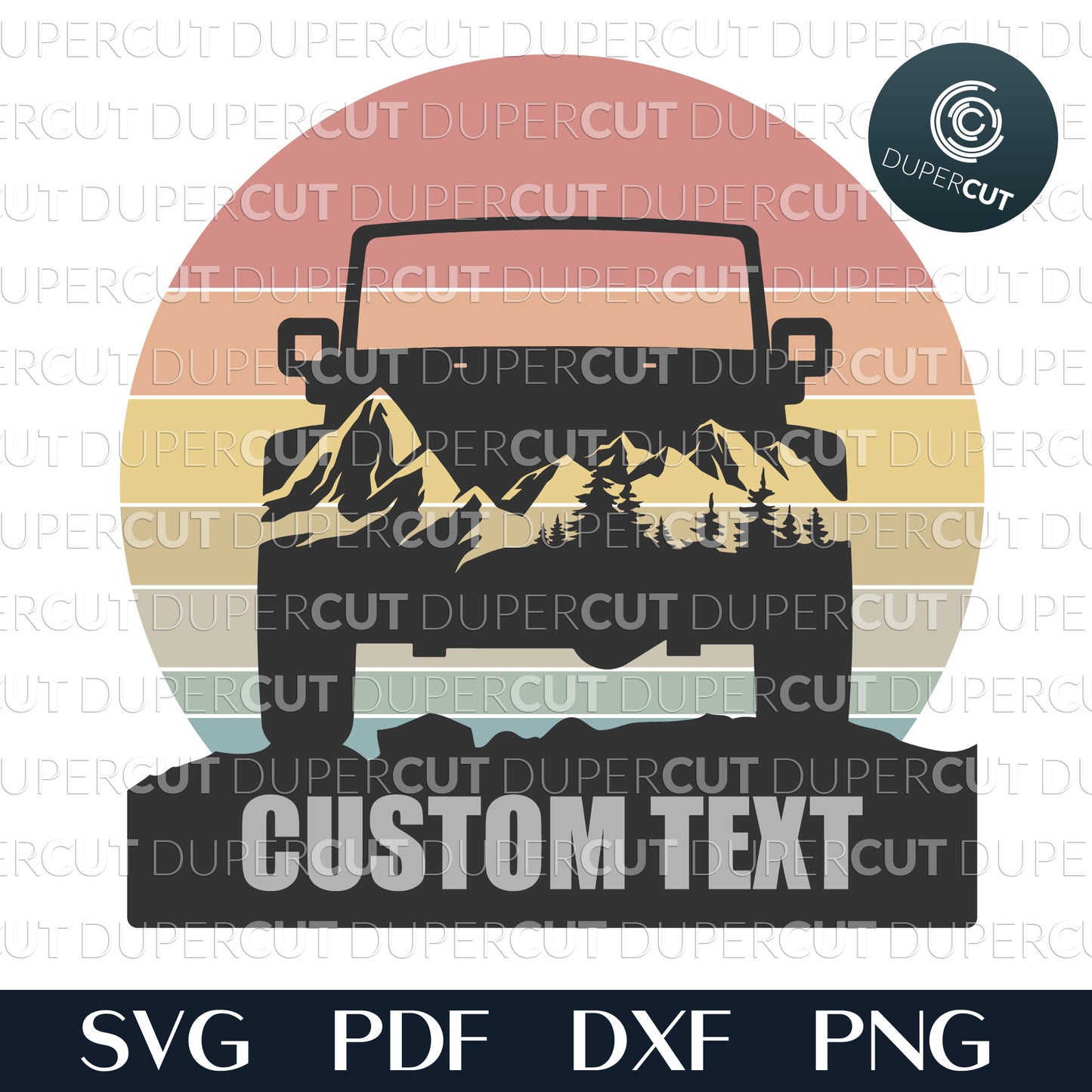 Retro sunset personalized Jeep sign with custom text  - layered files for laser cutting, printing, sublimation. Use with Glowforge, Cricut, Silhouette Cameo, CNC machines