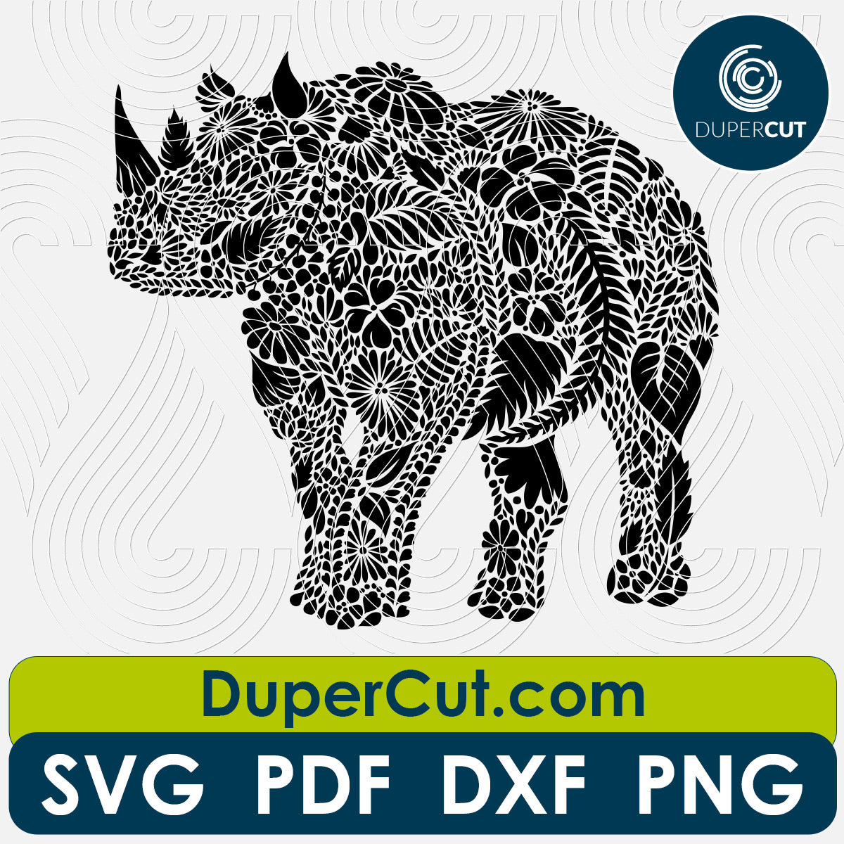 Rhinoceros black detailed stencil. SVG PNG DXF cutting files for Cricut, Silhouette, Glowforge, print on demand, sublimation templates