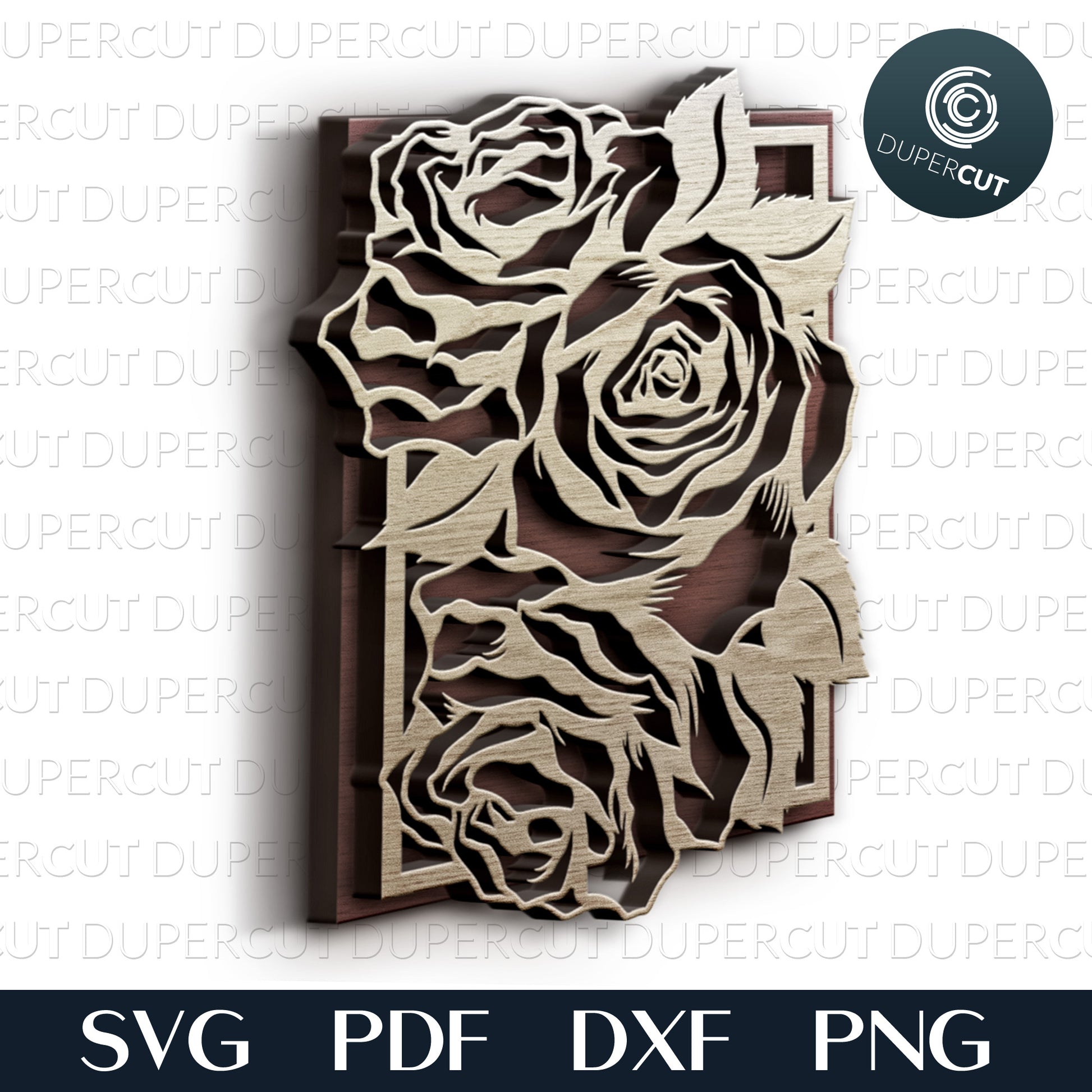 DIY wall decor, Roses layered design by DuperCut. SVG PNG DXF cutting files for Glowforge, Cricut, Silhouette cameo, laser engraving.
