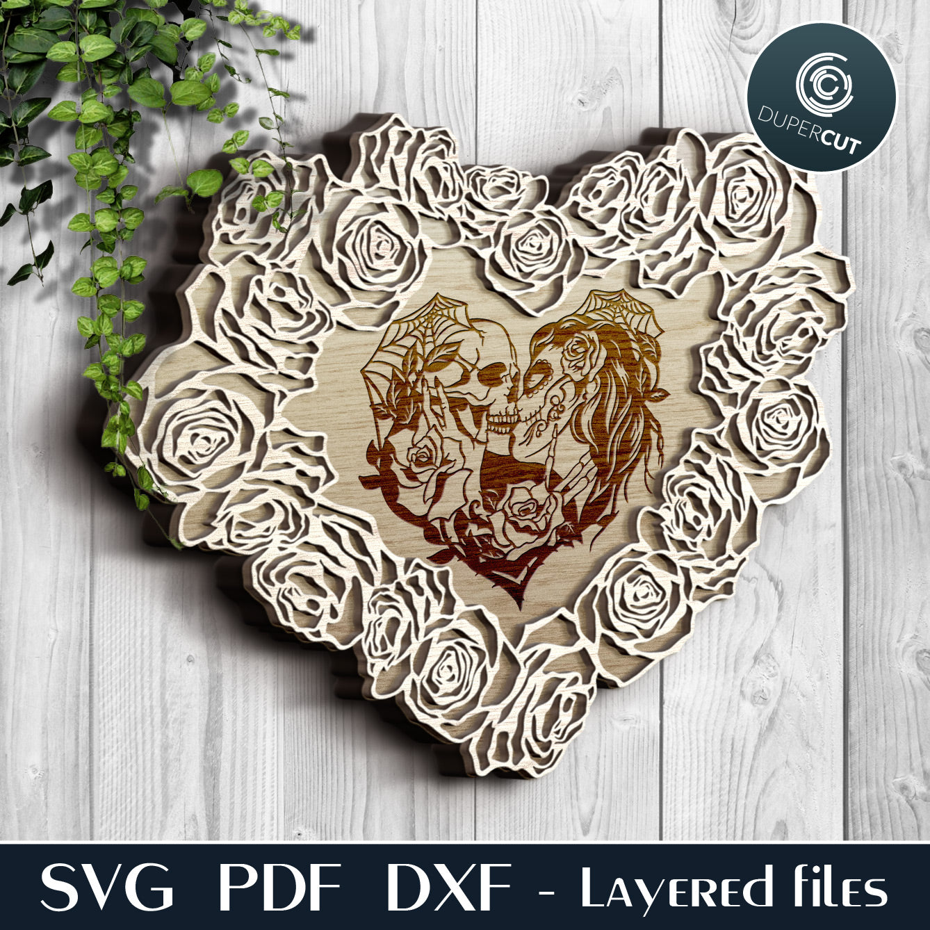 Heart shaped floral wreath layered files - SVG PDF DXF template for laser cutting and engraving, Glowforge, Cricut, Silhouette Cameo, CNC plasma machines