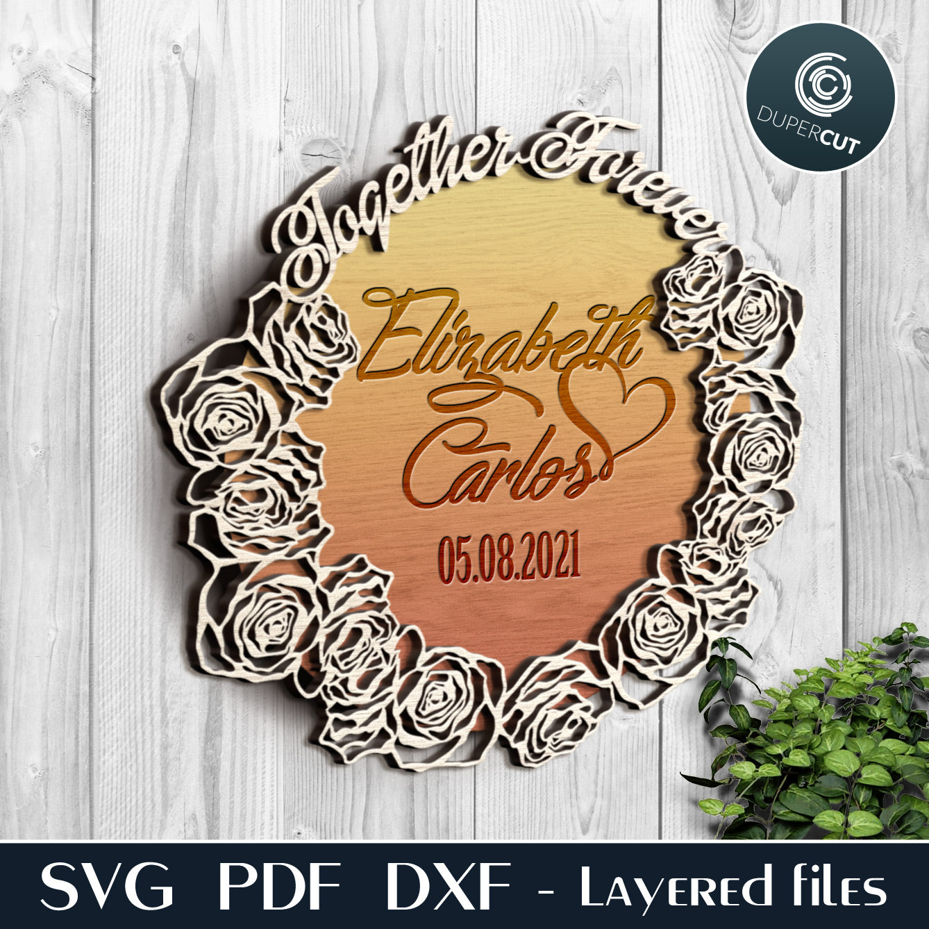 Engrave personalized text - floral wedding  frame  layered files - SVG PDF DXF template for laser cutting and engraving, Glowforge, Cricut, Silhouette Cameo, CNC plasma machines
