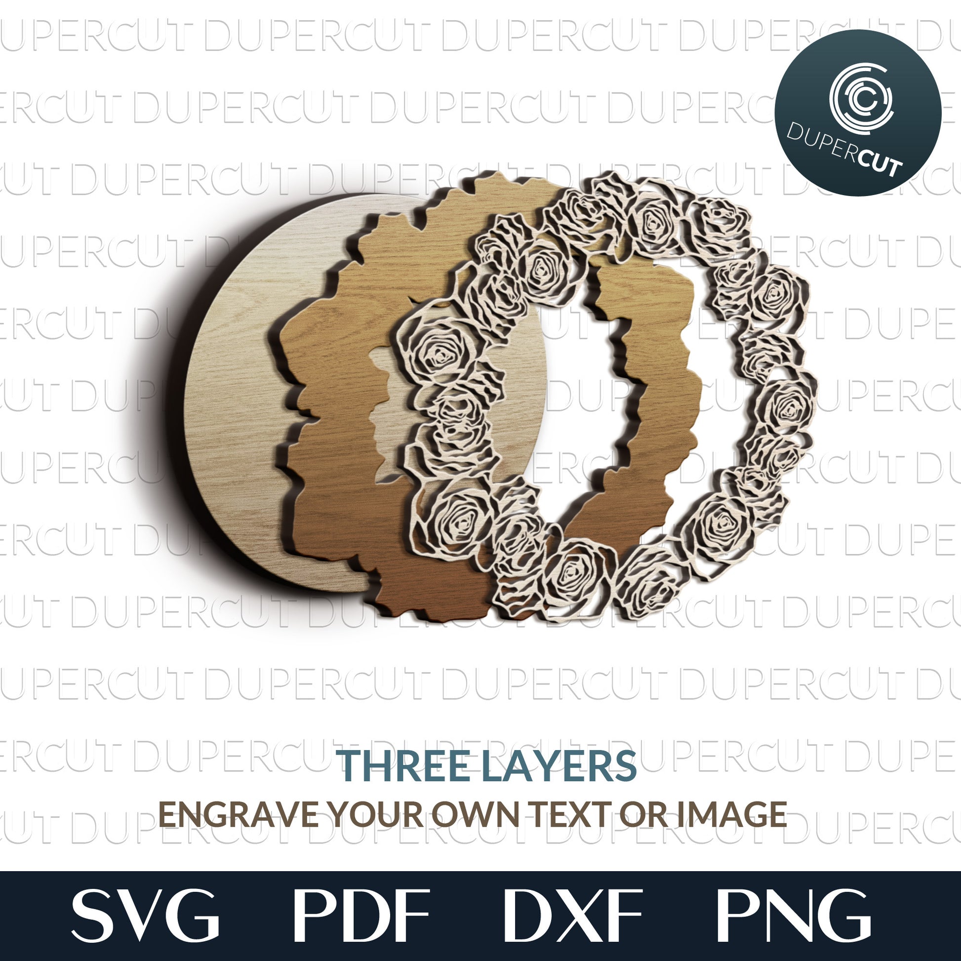 Romantic roses floral wreath layered files - SVG PDF DXF template for laser cutting and engraving, Glowforge, Cricut, Silhouette Cameo, CNC plasma machines