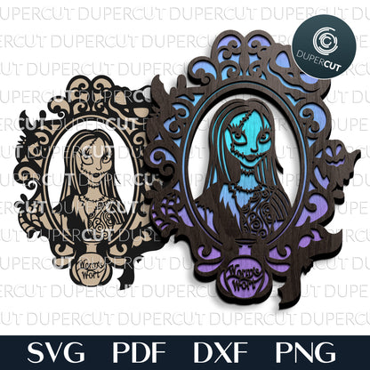 Halloween door hanger Sally layered designs for laser cutting machines. SVG PDF DXF vector files for Glowforge, Cricut, Silhouette, CNC plasma machines