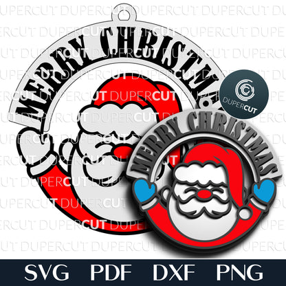 Santa with Merry Christmas sign ornament - SVG DXF layered vector cutting files for Glowforge, Cricut, Silhouette, CNC plasma by DuperCut