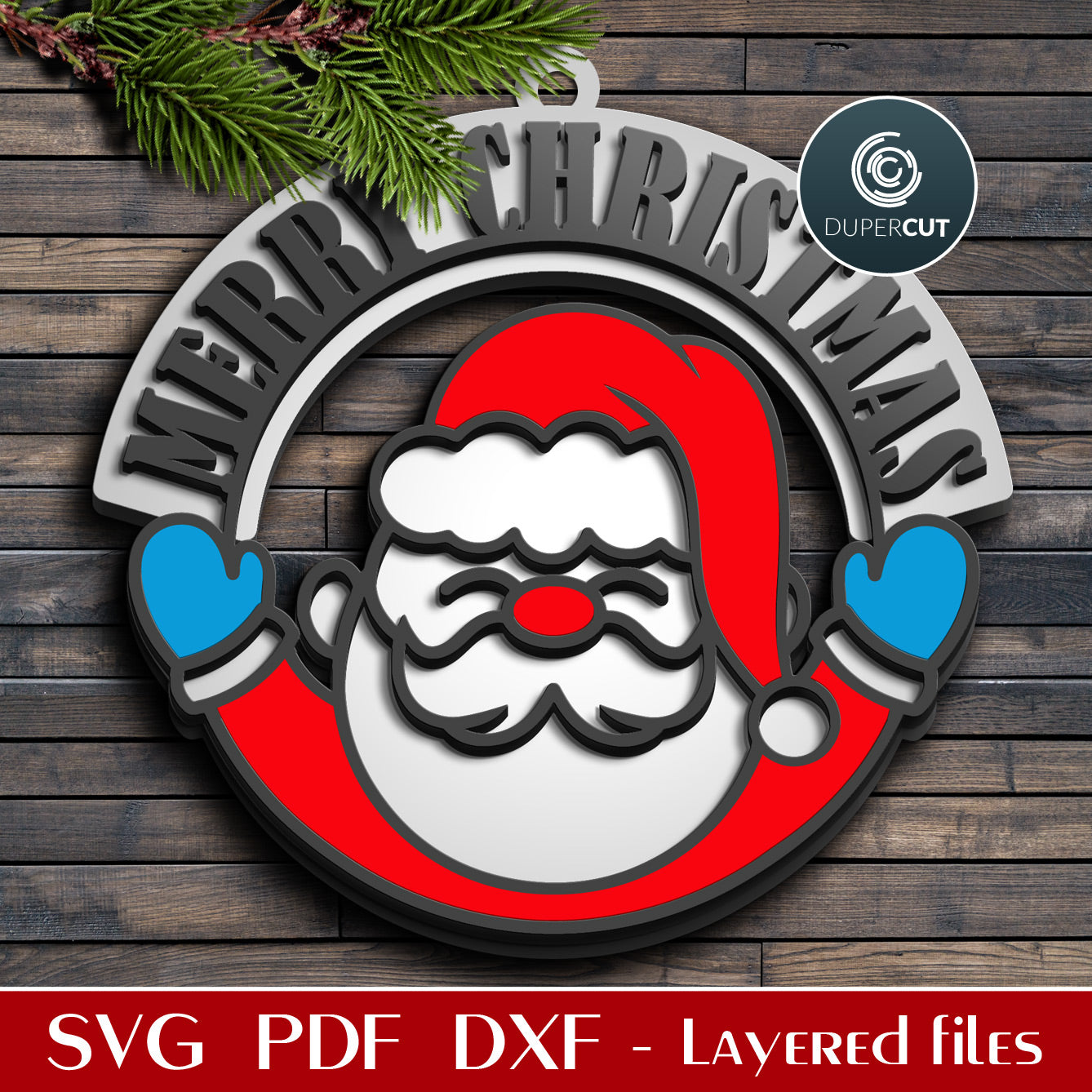 Merry Christmas Santa sign door hanger - SVG DXF layered vector cutting files for Glowforge, Cricut, Silhouette, CNC plasma by DuperCut
