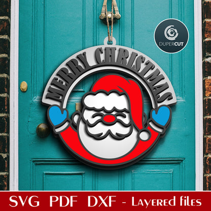 Merry Christmas Santa door hanger template - SVG DXF layered vector cutting files for Glowforge, Cricut, Silhouette, CNC plasma by DuperCut