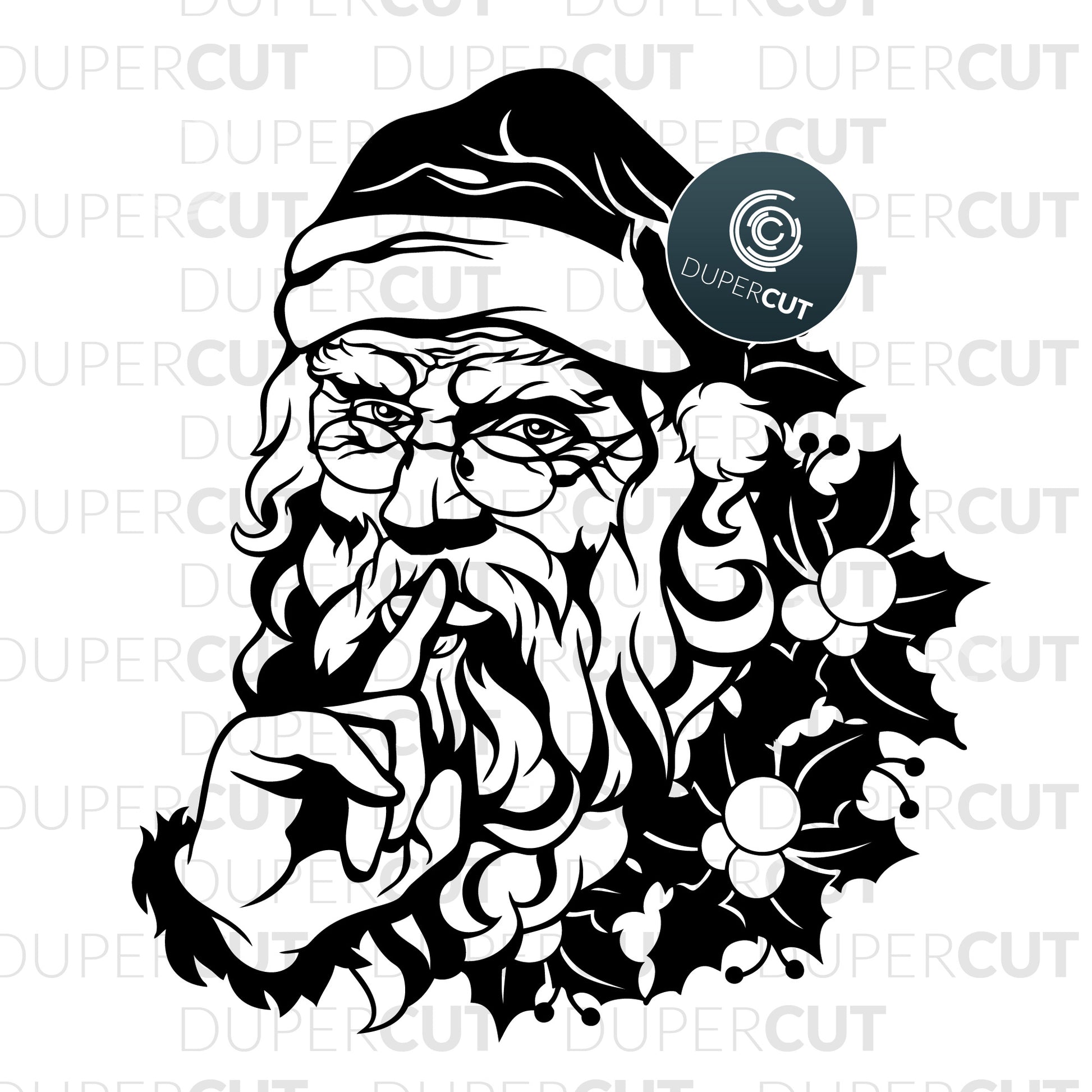Santa making shushing gesture with mistletoe, tattoo line art. SVG PNG DXF cutting files for Cricut, Silhouette, Glowforge, print on demand, sublimation templates