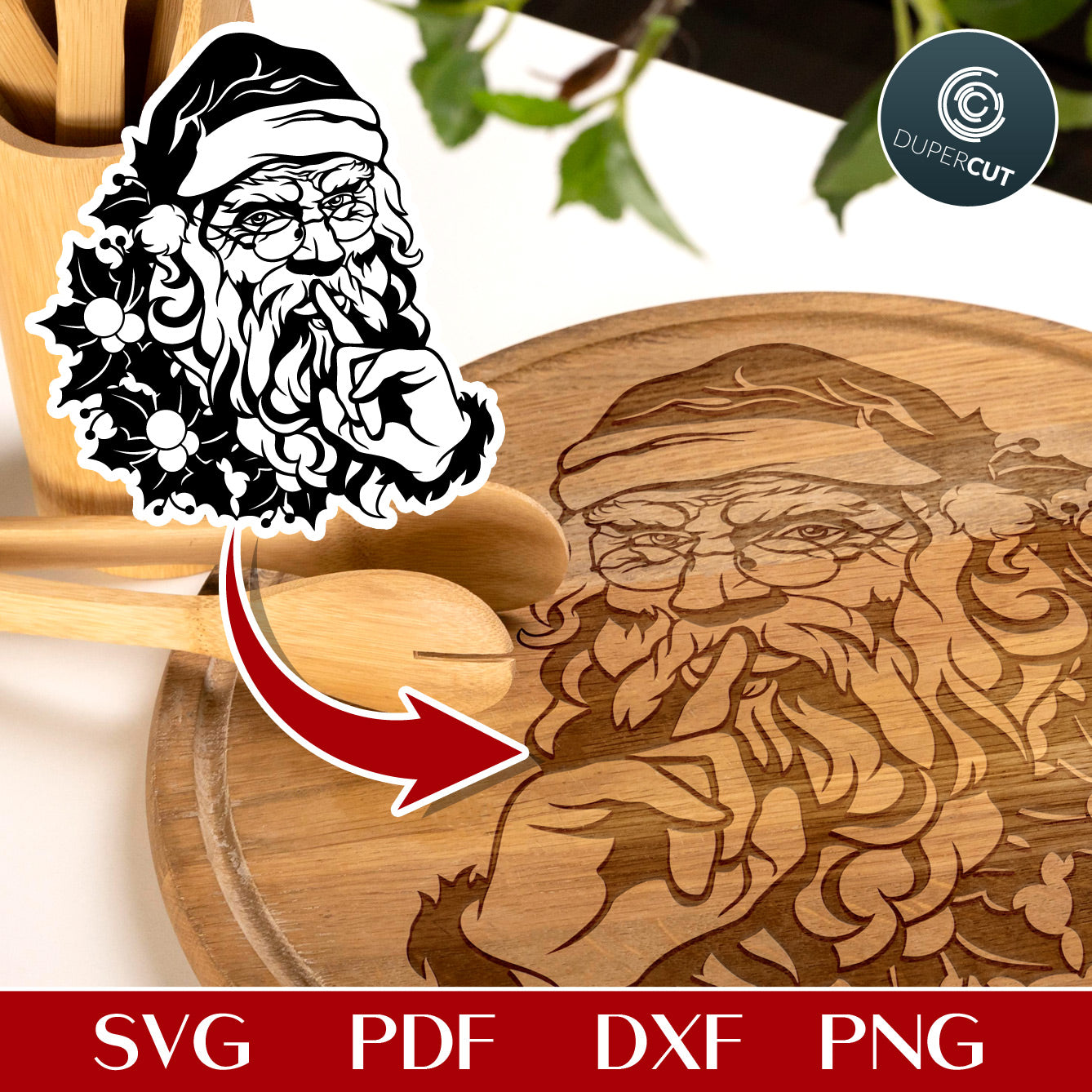 Santa with finger on his lips, Christmas ornament engraving for laser machines, Glowforge, CNC plasma - SVG PDF DXF cutting files