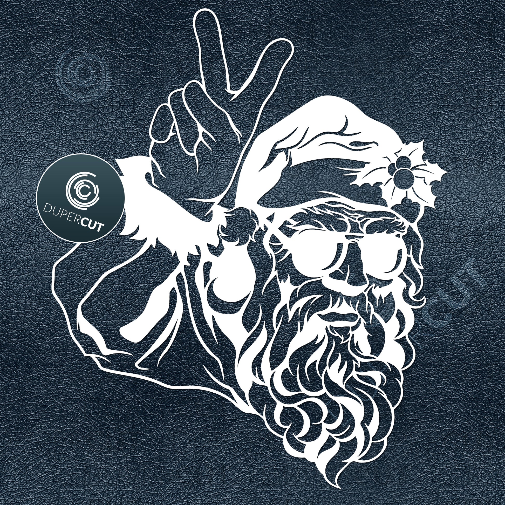 Santa with peace sign, line art illustration. SVG PNG DXF cutting files for Cricut, Silhouette, Glowforge, print on demand, sublimation templates