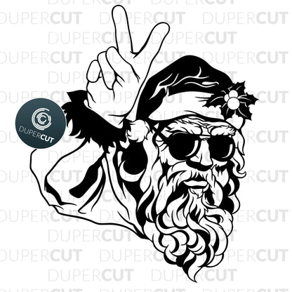 Cool Santa in sunglasses holding up a peace sign, tattoo style custom design. SVG PNG DXF cutting files for Cricut, Silhouette, Glowforge, print on demand, sublimation templates
