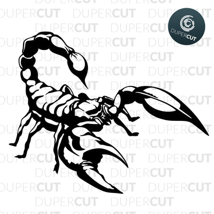 Scorpio black line drawing silhouette printable. SVG PNG DXF cutting files for Cricut, Silhouette, Glowforge, print on demand, sublimation templates
