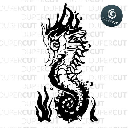 Seahorse tattoo style black line art illustration. SVG PNG DXF cutting files for Cricut, Silhouette, Glowforge, print on demand, sublimation templates