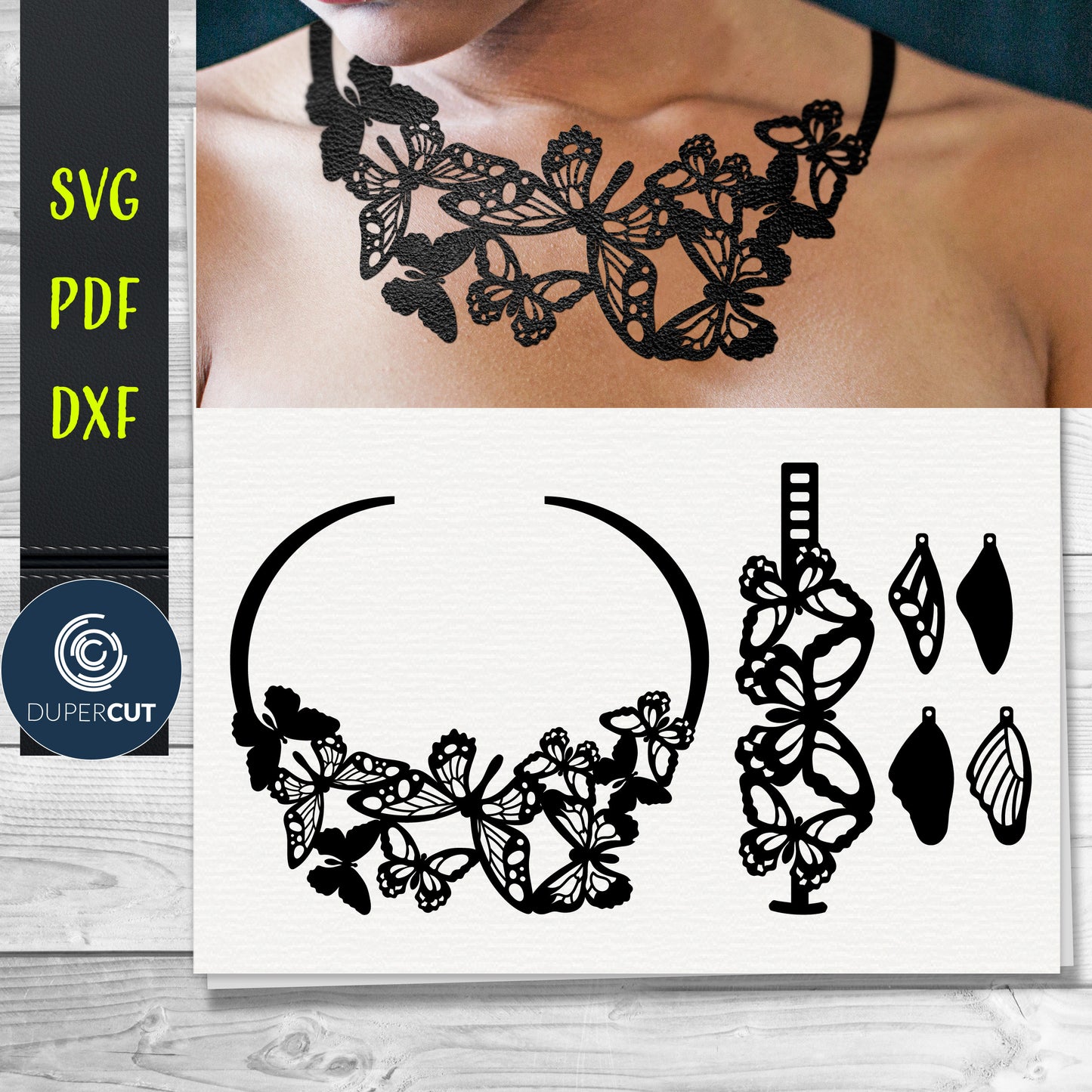 DIY butterflies Leather Bracelet Necklace Set SVG PDF DXF vector files. Jewellery making template for laser and cutting machines - Glowforge, Cricut, Silhouette Cameo.