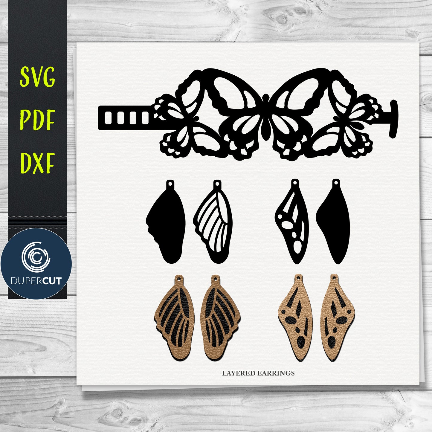 Layered Butterfly Wings Leather Earrings and Bracelet  SVG PDF DXF vector files. Jewellery making template for laser and cutting machines - Glowforge, Cricut, Silhouette Cameo.