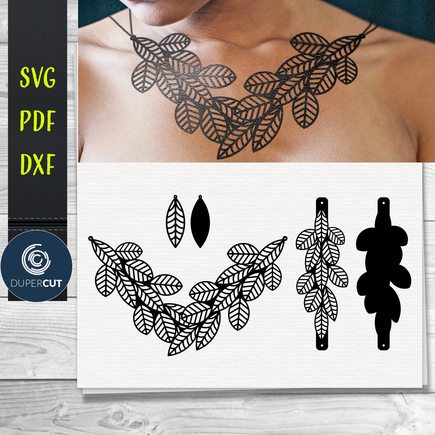 DIY Leather Earrings, necklace and bracelet set  SVG PDF DXF vector files. Jewellery making template for laser and cutting machines - Glowforge, Cricut, Silhouette Cameo.
