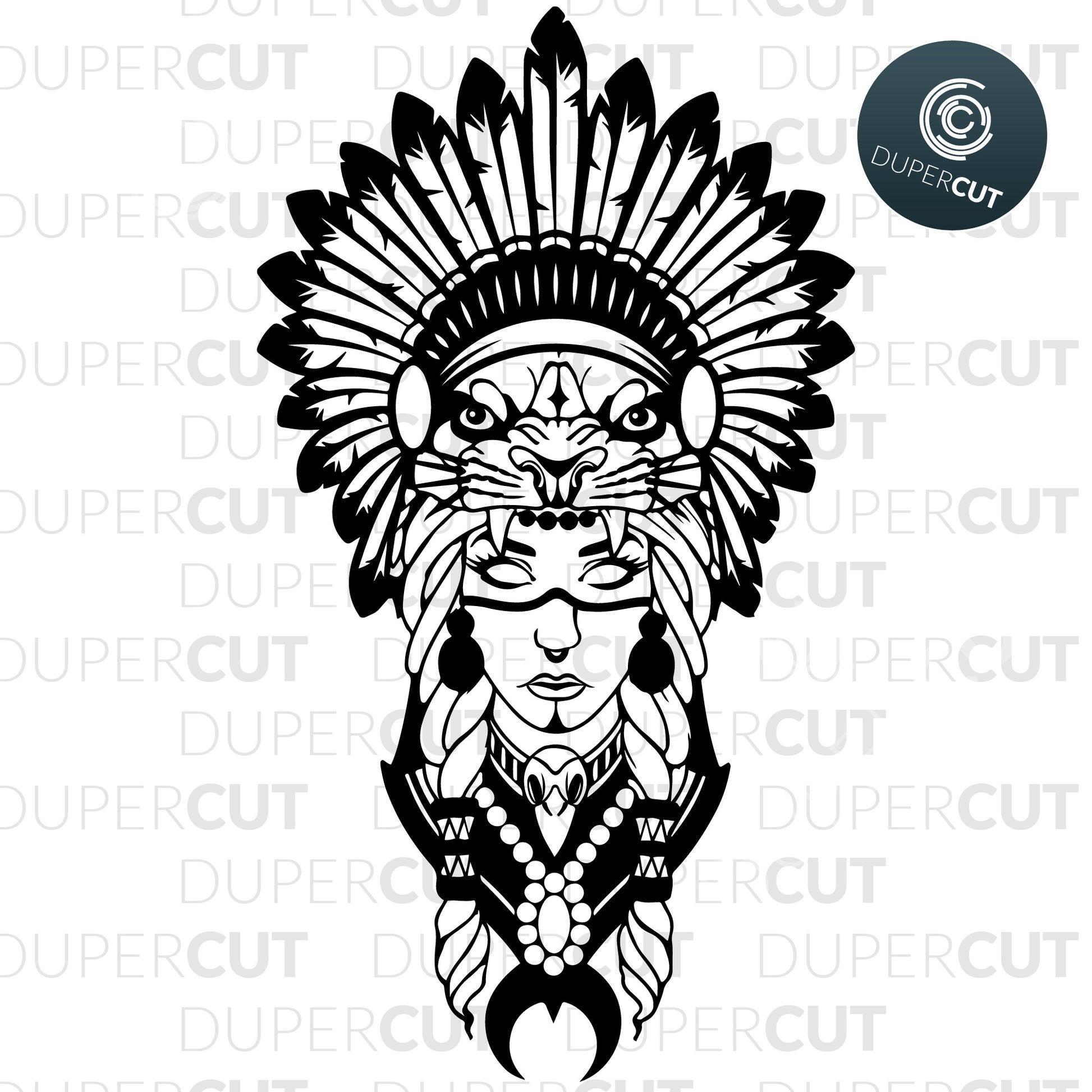 Shaman woman with headdress, tattoo style. SVG PNG DXF cutting files for Cricut, Silhouette, Glowforge, print on demand, sublimation templates