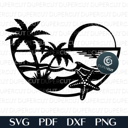 Beach scene with palm trees files. SVG PDF DXF cutting template for laser cutting, engraving, Glowforge, Cricut, Silhouette, CNC plasma
